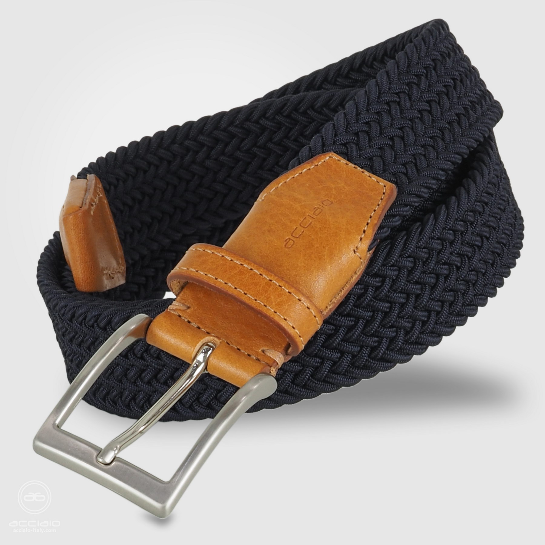 cintura intrecciata blu elastica con cuoio miele