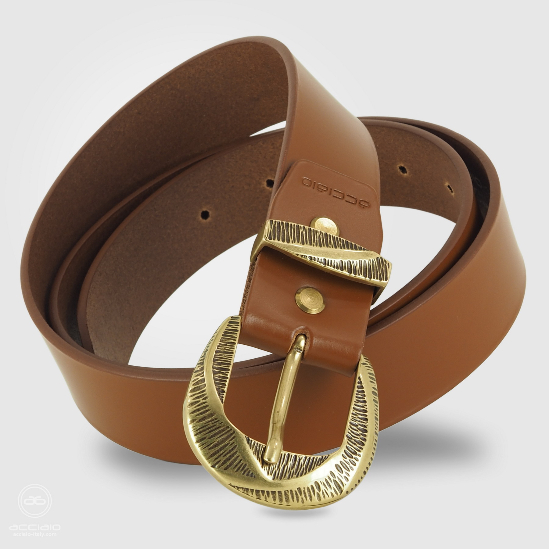 woman's cognac belt with brass buckle