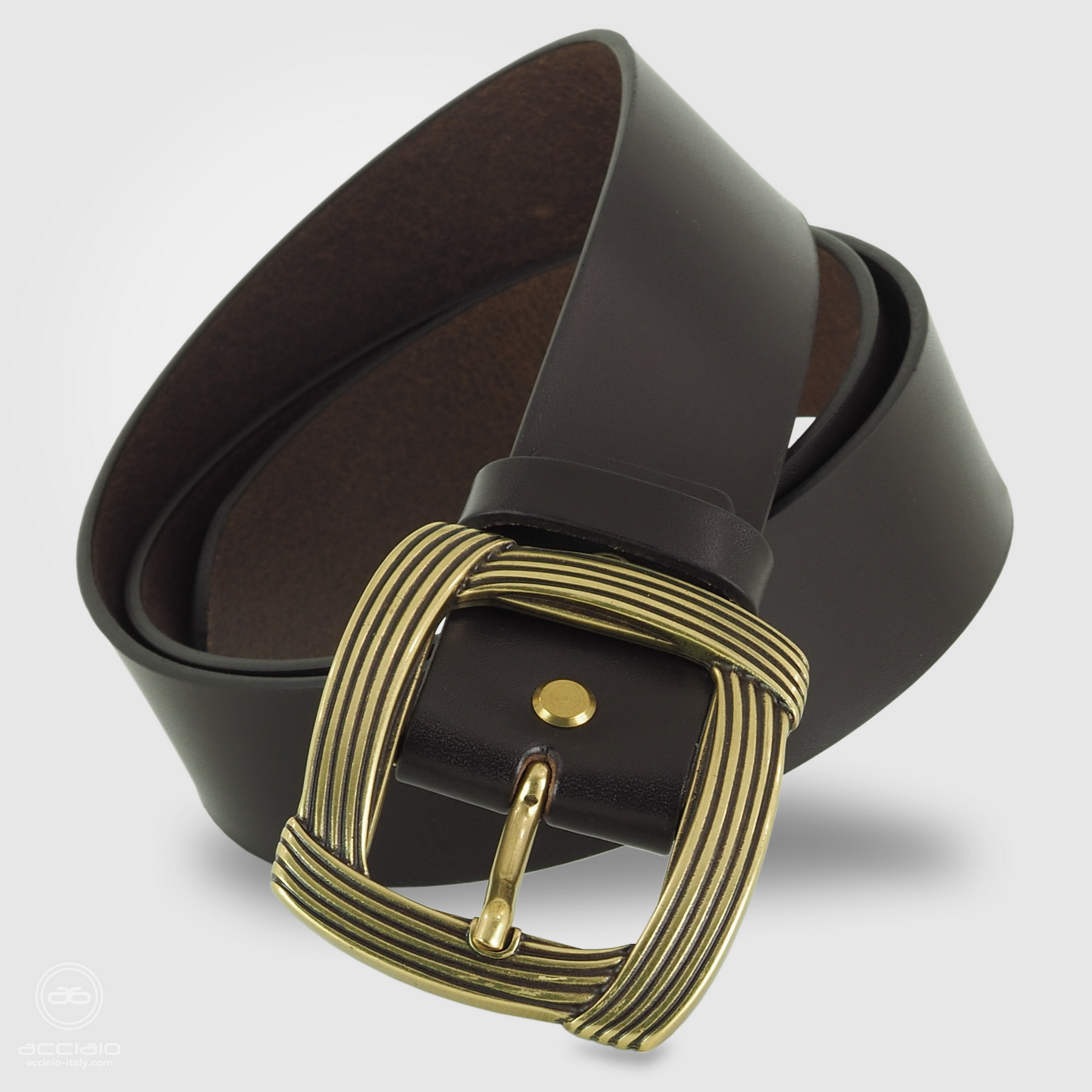 woman's large brown belt with brass buckle